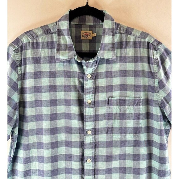 Faherty Mens Button Up Shirt Blue Ventura Short Sleeve Linen Plaid Stretch Large - Picture 7 of 10
